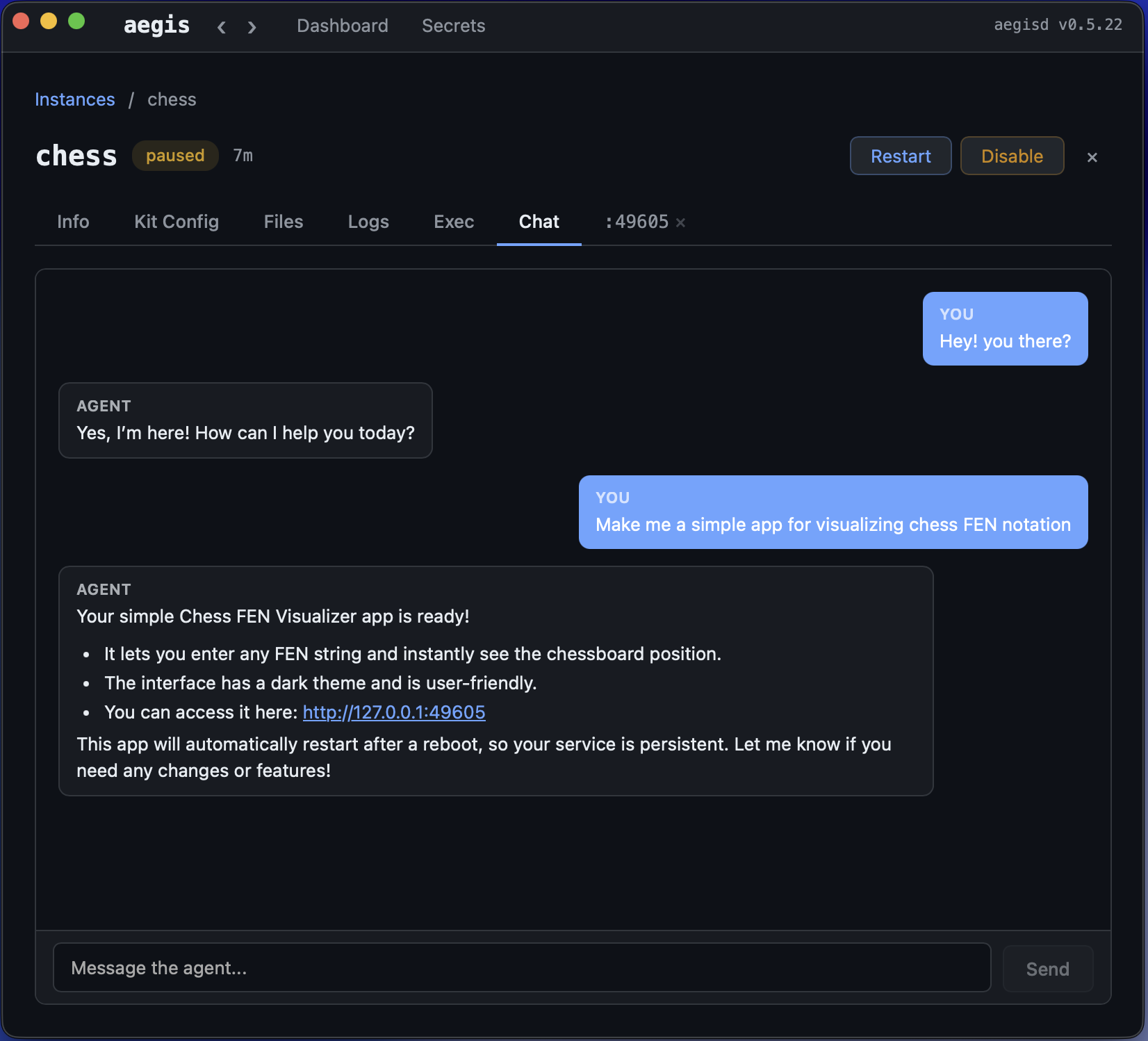AegisVM Desktop — Agent Chat